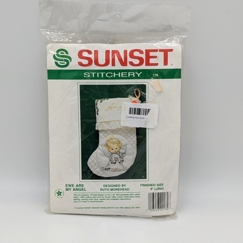 NWT Sunset Stitchery Ewe Are My Angel Sticking Needlepoint Stocking Angel Lamb